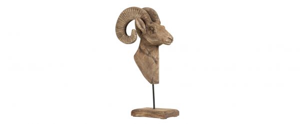 Wooden Ram's Head on Plinth Sculpture - 55cm